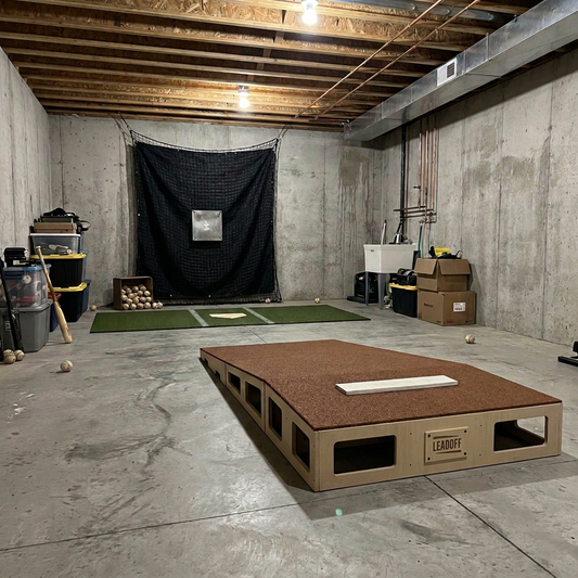 Leadoff Baseball Portable Pitching Mound setup in a basement for winter training