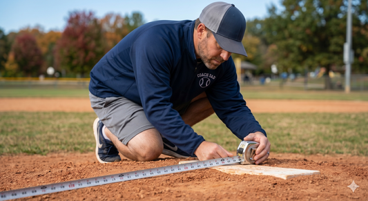 Baseball coach measuring how far away is home plate from the pitcher's mound