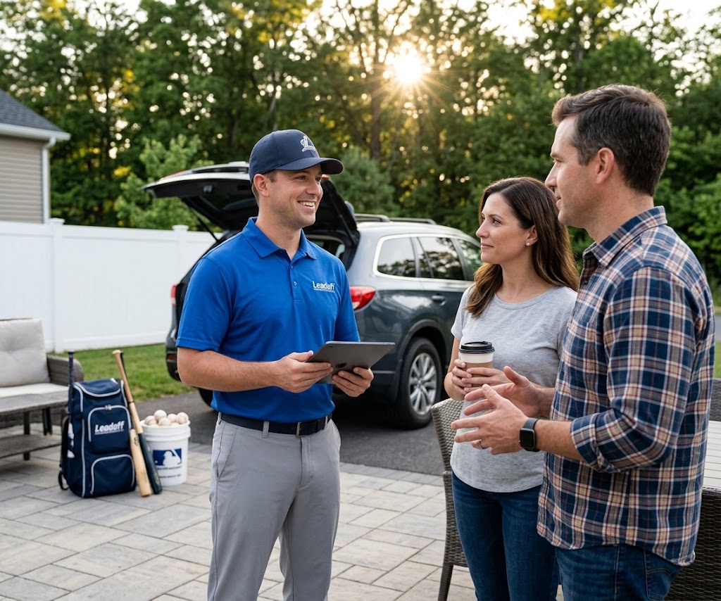 Picture of Leadoff Baseball rep talking with parents about different pitching mound designs