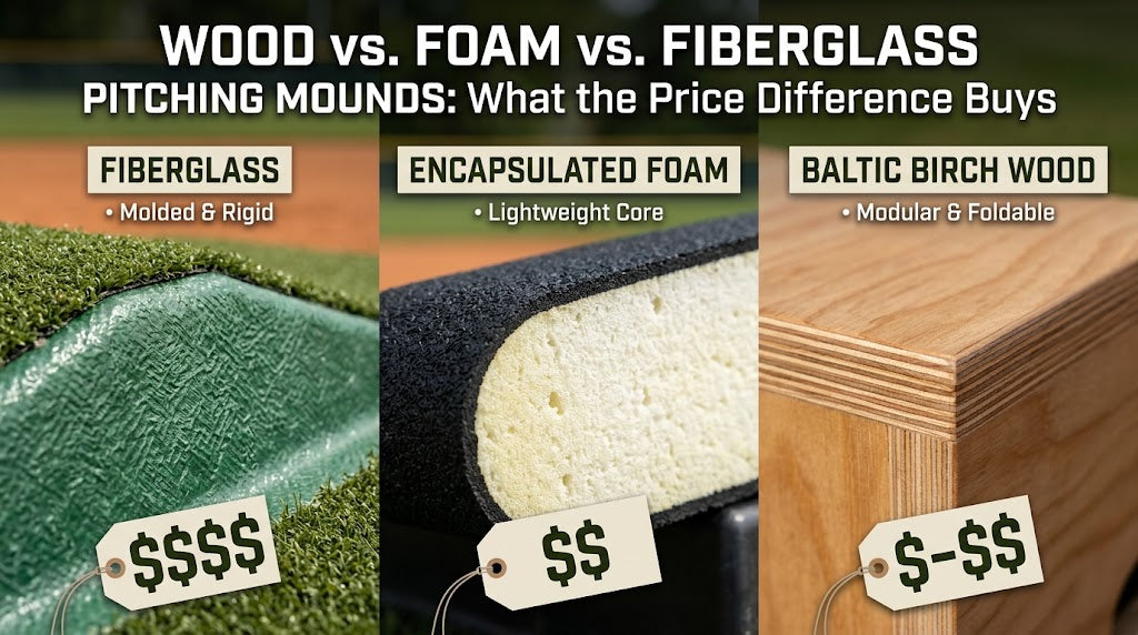 Close up picture of fiberglass foam and wood base for pitching mounds