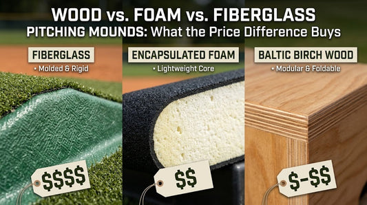 Close up picture of fiberglass foam and wood base for pitching mounds