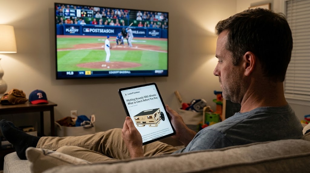 Baseball dad researching pitching mounds with wheels while watching the playoffs