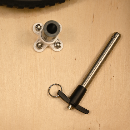 Velocity Wheeled 8-Inch Portable Pitching mound close up of our quick release system for easy and fast wheel removal and fastening.