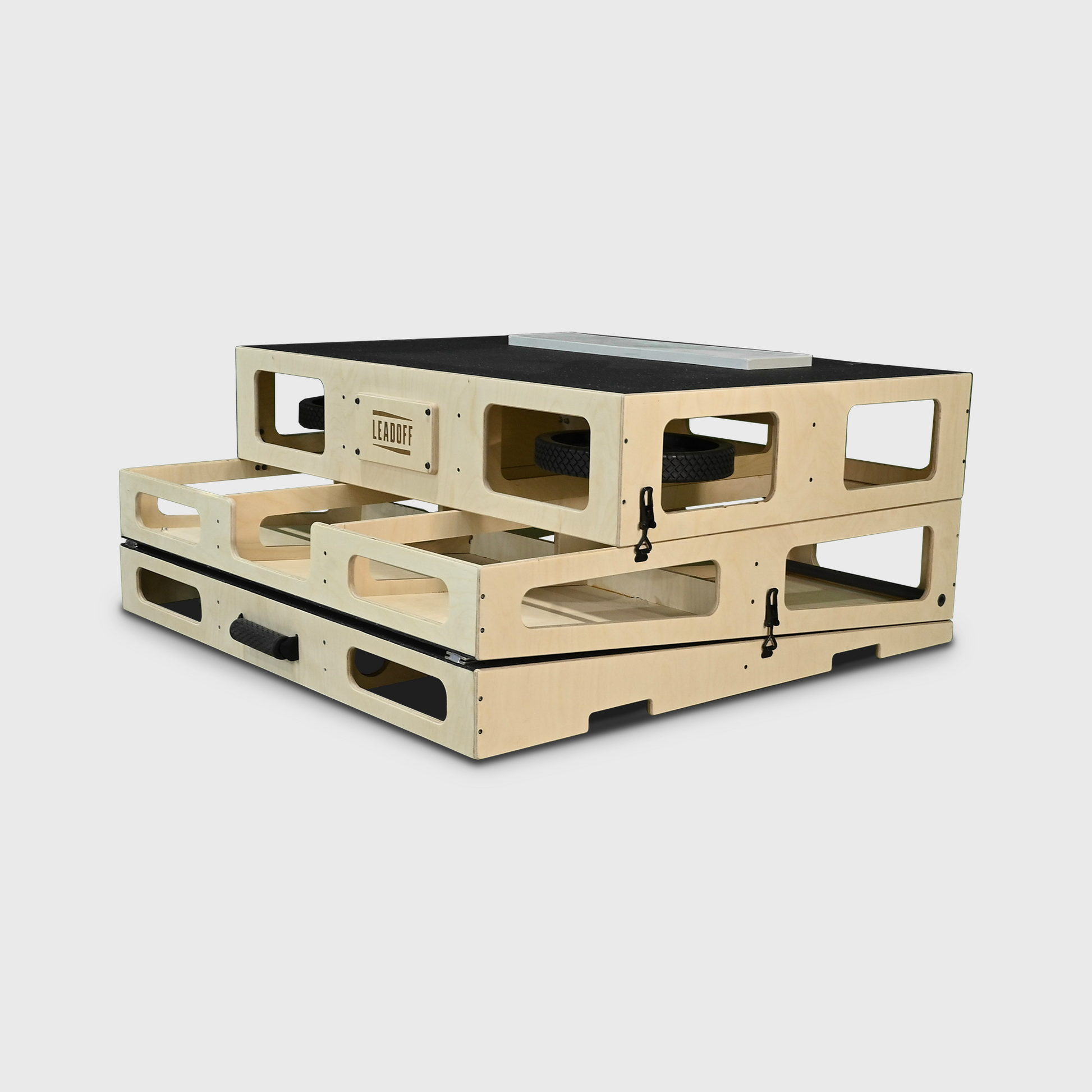 Velocity Wheeled 8-Inch Portable Pitching mound folded and stored in the horizontal storage position.