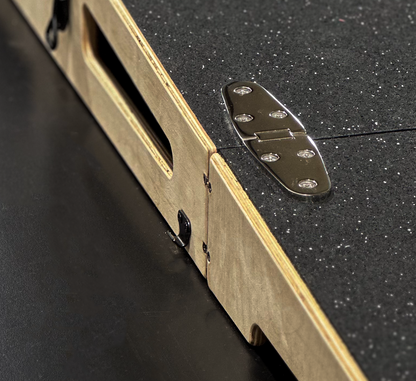 Velocity Wheeled 8-Inch Portable Pitching mound with a close up of our 316 stainless steel marine grade flush mount hinges.